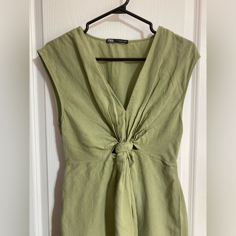 Zara Linen Blend Front Knot Slit Midi Lightweight Coastal Green Dress Size Small - Picture 6 of 12